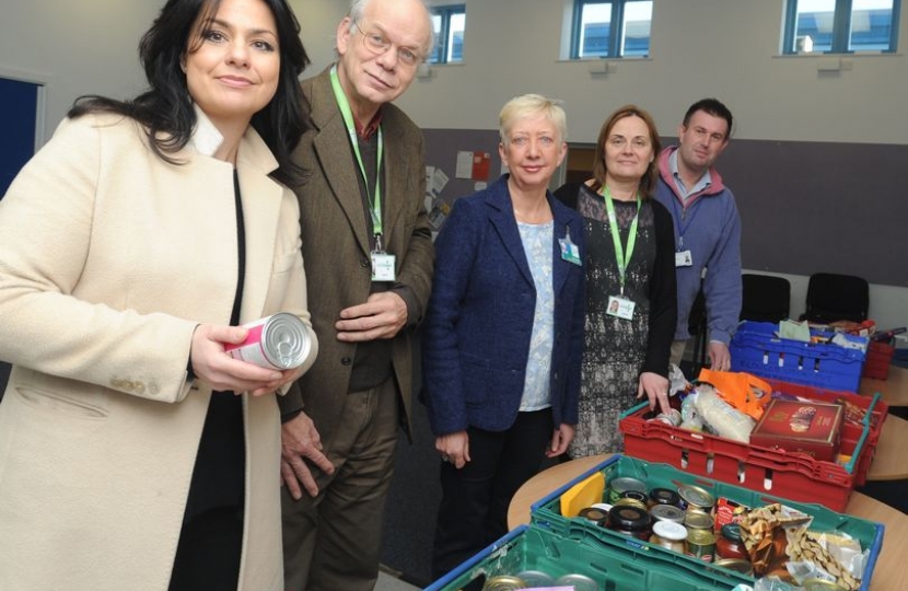 Heidi Allen MP with Jonathan Edney, Director/Co-ordinator of the Cambridge City Foodbank, Anne Danks from the Trussell Trust, Julie Whitbread, Manager of the Cambourne Distribution Centre, and Reverend Matthew Trick. (Photo: Keith Jones)