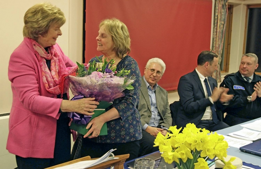 5. SCCA's AGM, 10 February 2017: Denise Smith, who is shortly to leave the Association, receiving a gift of appreciation for 26 years' invaluable service from Dorothy Calder, SCCA President.