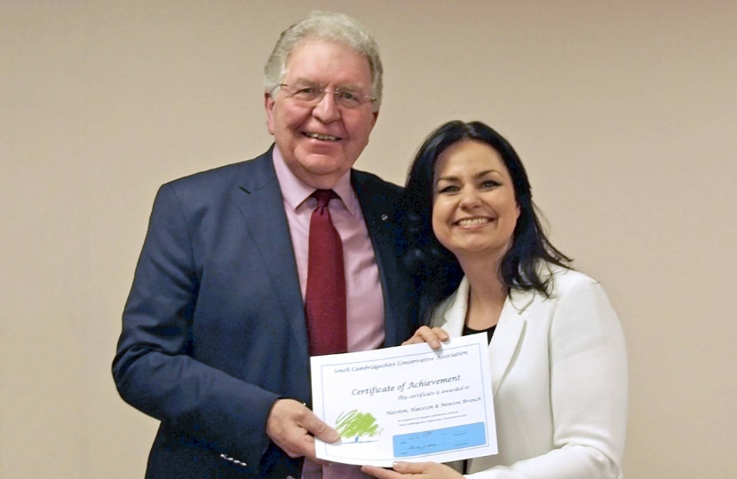 11. SCCA's AGM, 10 February 2017: John Barrett, Harston, Hauxton and Newton Branch, with Heidi Allen MP.  Branch membership grew during 2016.