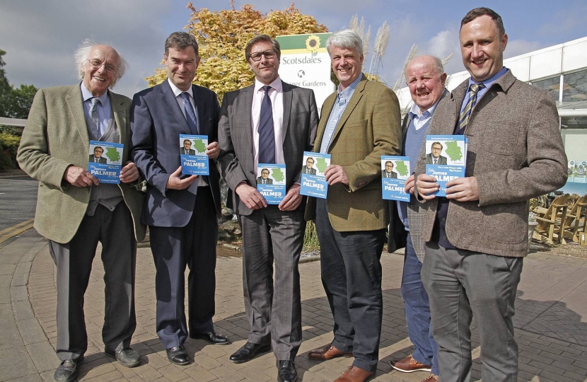 L to R  David Rayner of Scotsdales; The Rt Hon David Gauke MP, Chief Secretary to the Treasury; James Palmer, Conservative candidate for Mayor of the new Cambridgeshire and Peterborough Combined Authority; The Rt Hon. the Lord Lansley CBE, Charlie Nightingale, District Councillor for The Shelfords and Stapleford; and Ben Shelton, District Councillor for The Shelfords and Stapleford.