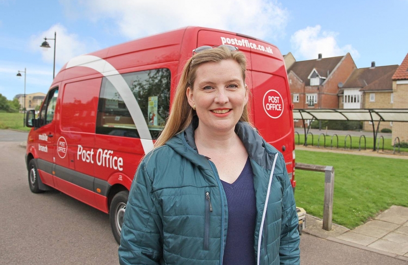 Ruth Betson, District Councillor for Bourn ward, by the new mobile post office van parked in The Hub, Cambourne. The van will be there every Wednesday from 12.15 to 4.00 pm until a new location can be found for a full time post office.