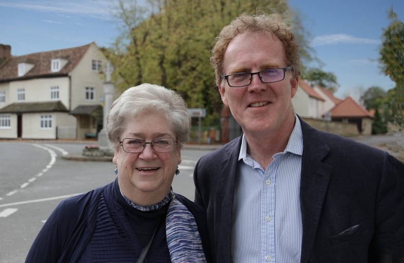 Barbara Kettel with Peter Topping in Fowlmere – Peter is the County Councillor for all the villages in the new Foxton ward  “Barbara has a great community spirit and is a real fighter for others,” he said.