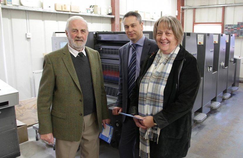 Mike Linnette and Irene Bloomfield with Dan Esson (centre) of Esson Print in Shepreth – Esson print all the Association's election literature.  “Dan’s company has benefited from a lowering of corporation tax over the last few years,” said Mike.