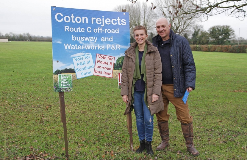 County Councillor Lina Joseph and District Councillor Tim Scott in Coton.  They are aghast at the plans for new busway – it will destroy valuable farmland and shatter forever the tranquillity of villages and homes in its path.   Far more sensible is to make much better use of the existing infrastructure.