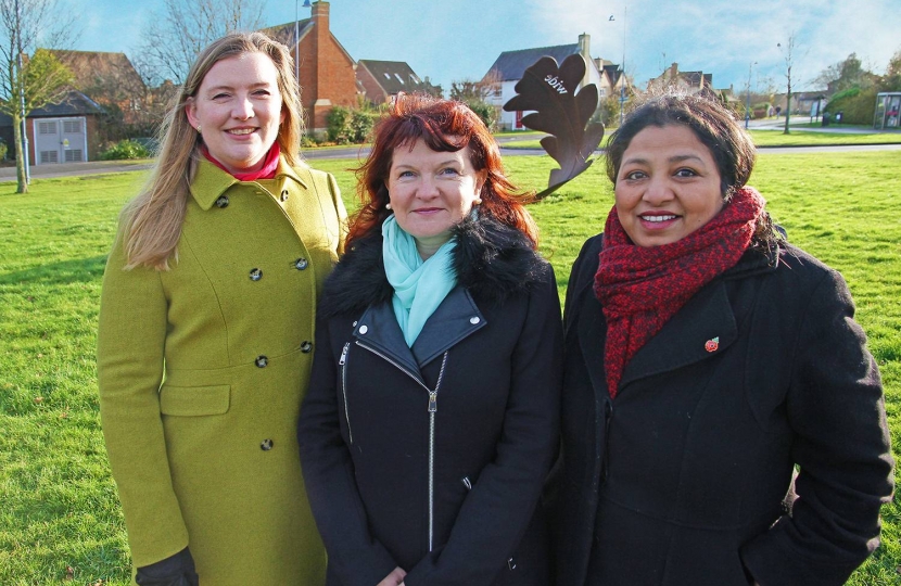 Ruth Betson, Evelyne Spanner and Shrobona Bhattacharya at one of the many open spaces in Cambourne.