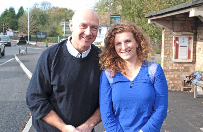 Councillors Tim Scott and Lina Joseph in Harston.  They want our villages to grow organically and not be ripped apart by ill thought out and over ambitious transport plans.