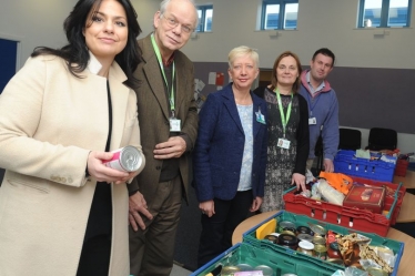 Heidi Allen MP with Jonathan Edney, Director/Co-ordinator of the Cambridge City Foodbank, Anne Danks from the Trussell Trust, Julie Whitbread, Manager of the Cambourne Distribution Centre, and Reverend Matthew Trick. (Photo: Keith Jones)