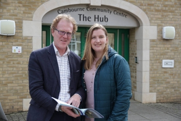 Cllr Peter Topping, Leader of South Cambridgeshire District Council, with local District Councillor Ruth Betson, outside Cambourne's Hub after meeting with Cambourne Parish Council leaders.