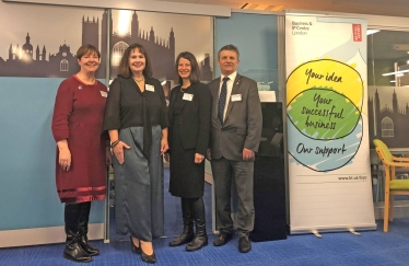 Celebrating the launch of the new Business and Intellectual Property (IP) Centre at Cambridge Central Library on Friday 1 February are (l to r) Gillian Beasley (Chief Executive of Cambridgeshire County Council and Peterborough City Council), Julie Deane (CEO of The Cambridge Satchel Company), Liz Jolly (British Library's Chief Librarian) and Cllr Kevin Cuffley (Vice-Chair of the County Council's Communities and Partnership Committee).